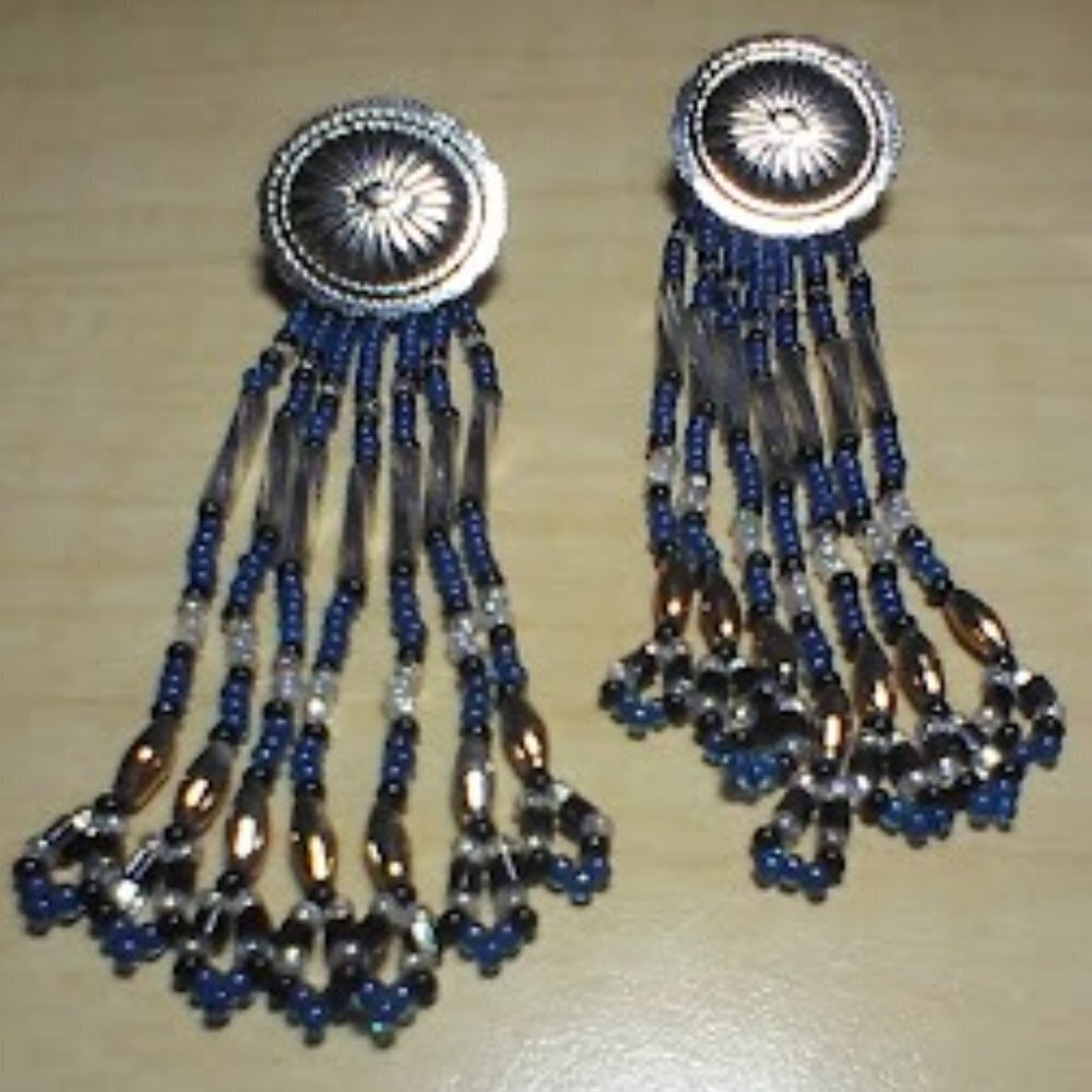 Silver Tone Blue Glass Beads Pierce Earrings  3" Long